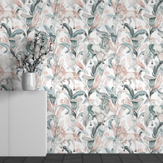 Panoramic Wallpaper - Kid Wall Mural - Tropical Leaves Pattern