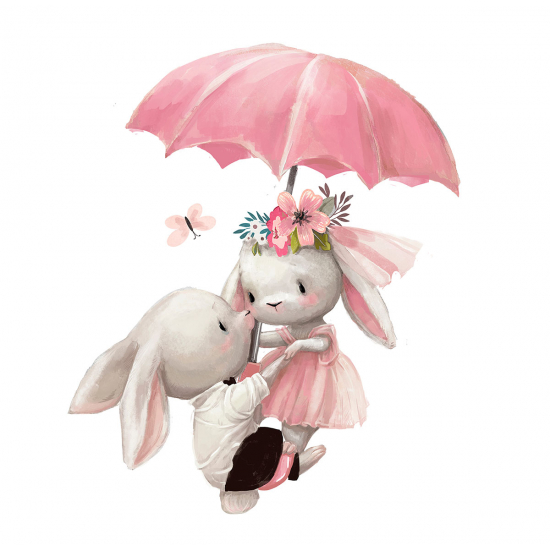 Panoramic Wallpaper - Kid Wall Mural - Umbrella Rabbits