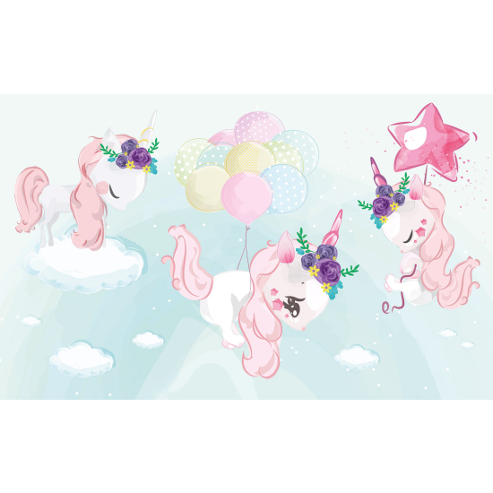 Panoramic Wallpaper - Kid Wall Mural - Unicorn Balloons