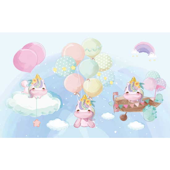 Panoramic Wallpaper - Kid Wall Mural - Unicorn Balloons