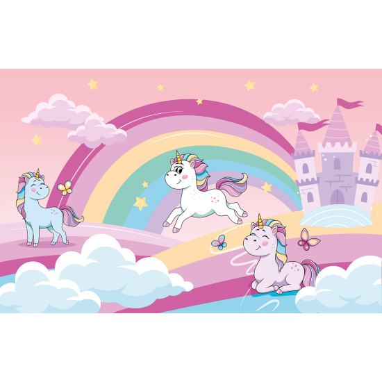 Panoramic Wallpaper - Kid Wall Mural - Unicorns Castle