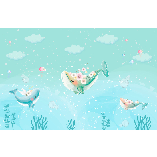 Panoramic Wallpaper - Kid Wall Mural - Whales Flowers