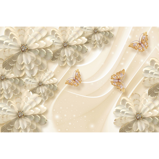 Panoramic Wallpaper - Wall Mural - 3D Butterfly Flowers