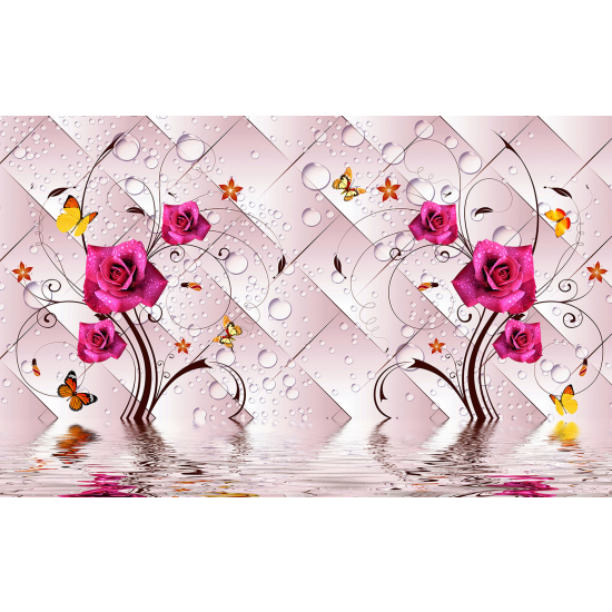 Panoramic Wallpaper - Wall Mural - 3D Butterfly Roses