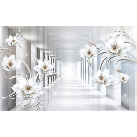 Panoramic Wallpaper - Wall Mural - 3D Colonnade Flowers