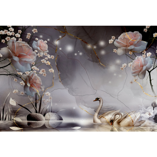 Panoramic Wallpaper - Wall Mural - 3D Swan Flowers