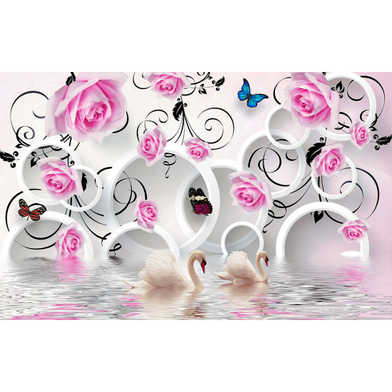 Panoramic Wallpaper - Wall Mural - 3D Swan Flowers