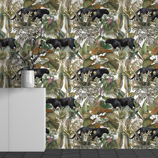 Panoramic Wallpaper - Wall Mural - Black Panther Leaves Pattern