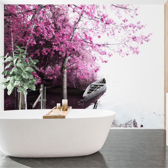 Panoramic Wallpaper - Wall Mural - Boat Pink Flowers