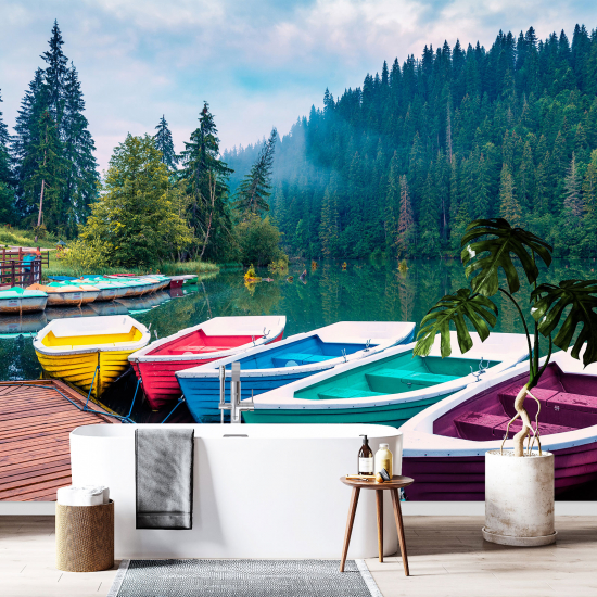 Panoramic Wallpaper - Wall Mural - Boats on lake