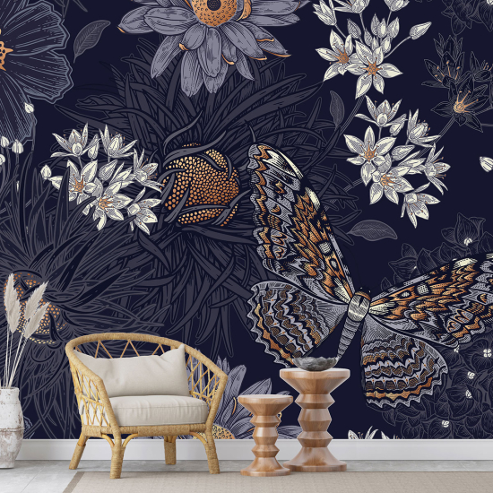 Panoramic Wallpaper - Wall Mural - Butterfly Flowers