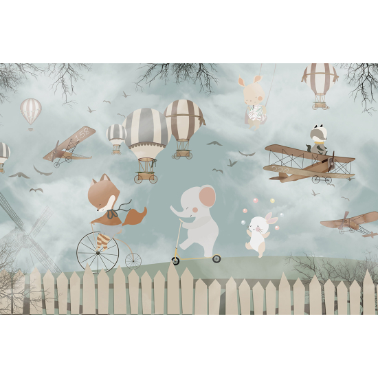 Panoramic Wallpaper - Wall Mural Children - Hot Air Balloon Animals