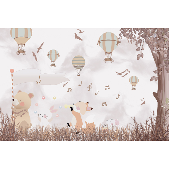 Panoramic Wallpaper - Wall Mural Children - Hot Air Balloon Animals