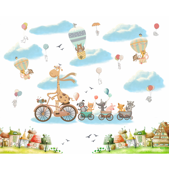 Panoramic Wallpaper - Wall Mural Children - Hot Air Balloon Animals