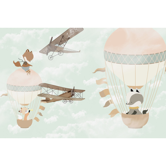 Panoramic Wallpaper - Wall Mural Children - Hot Air Balloon Animals