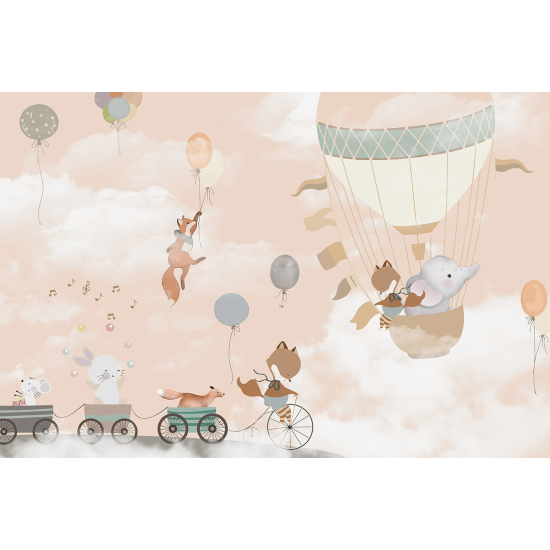 Panoramic Wallpaper - Wall Mural Children - Hot Air Balloon Animals