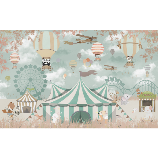 Panoramic Wallpaper - Wall Mural Children - Hot Air Balloon Animals