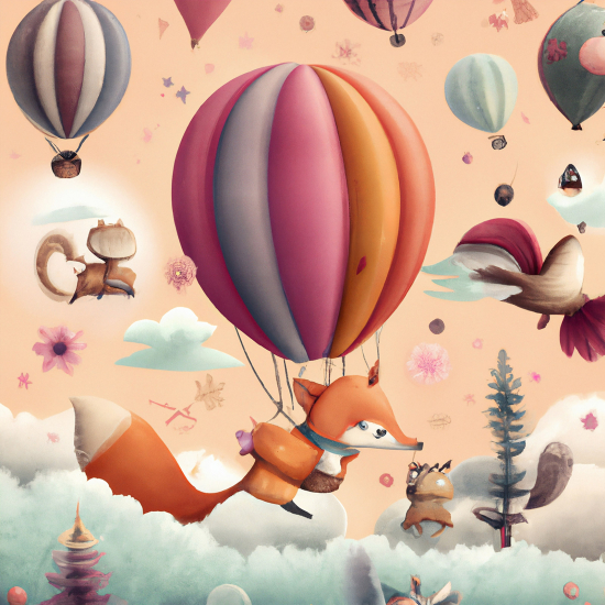 Panoramic Wallpaper - Wall Mural Children - Hot Air Balloon Animals