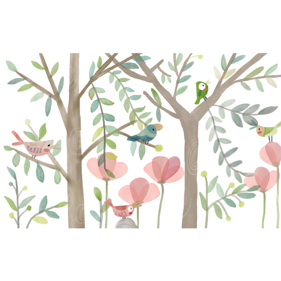 Panoramic Wallpaper - Wall Mural Children - Trees Birds