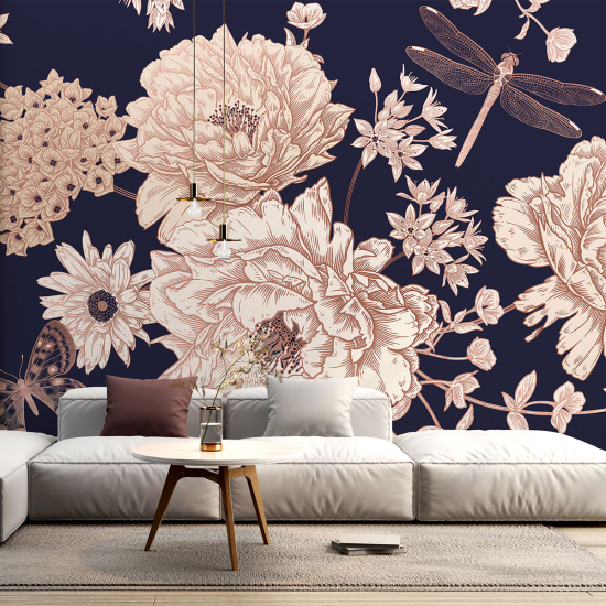 Panoramic Wallpaper - Wall Mural - Dragonfly Flowers