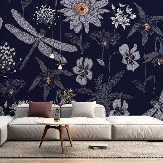 Panoramic Wallpaper - Wall Mural - Dragonfly Flowers