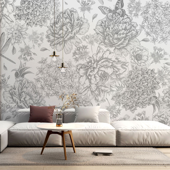 Panoramic Wallpaper - Wall Mural - Dragonfly Flowers