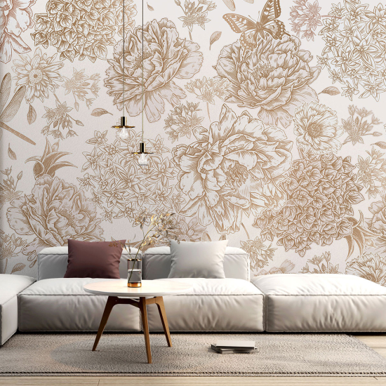 Panoramic Wallpaper - Wall Mural - Dragonfly Flowers