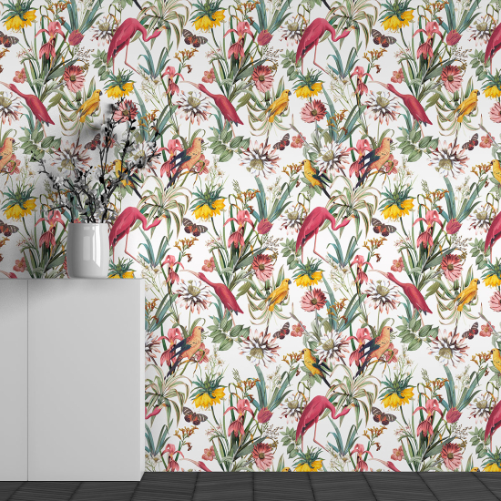 Panoramic Wallpaper - Wall Mural - Flamingo Flowers Pattern