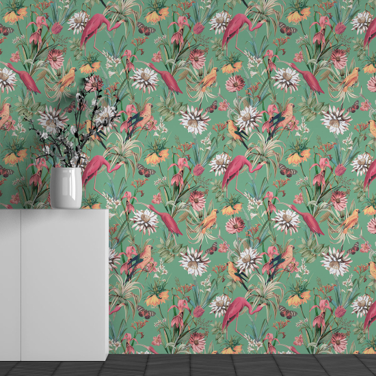 Panoramic Wallpaper - Wall Mural - Flamingo Flowers Pattern