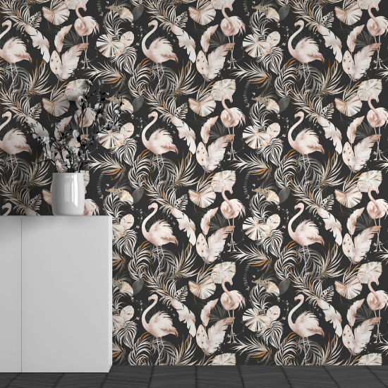 Panoramic Wallpaper - Wall Mural - Flamingo Flowers Pattern