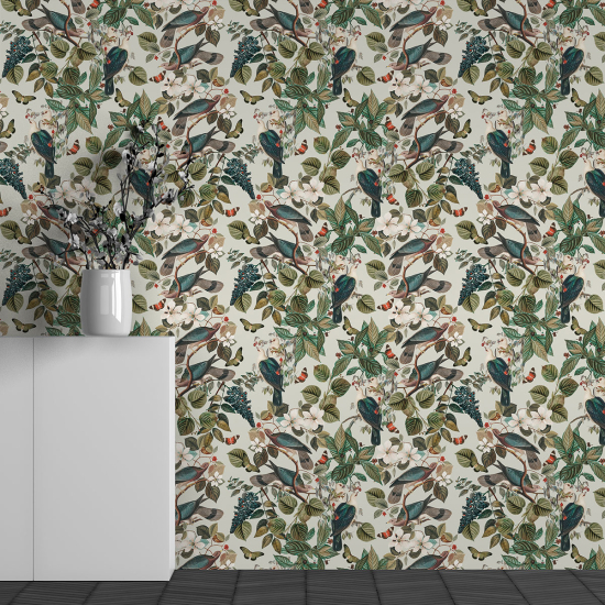 Panoramic Wallpaper - Wall Mural - Flower Bird Pattern