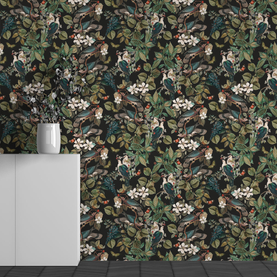 Panoramic Wallpaper - Wall Mural - Flower Bird Pattern