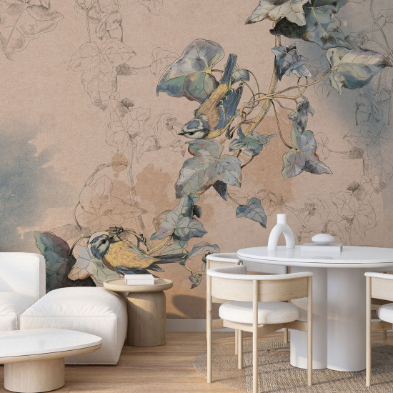 Panoramic Wallpaper - Wall Mural - Flowers Birds