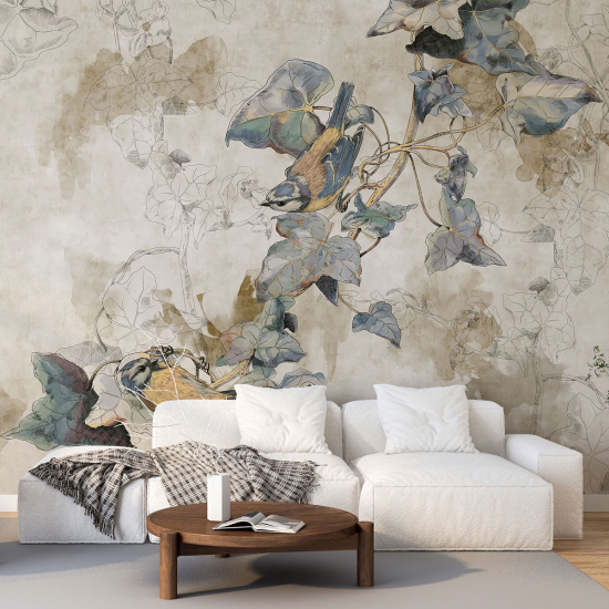 Panoramic Wallpaper - Wall Mural - Flowers Birds