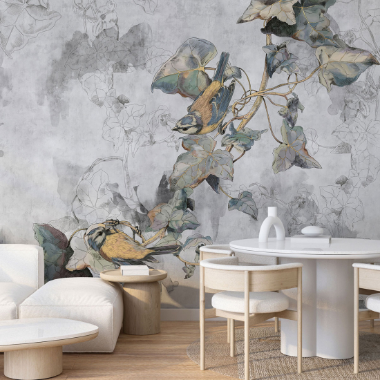 Panoramic Wallpaper - Wall Mural - Flowers Birds