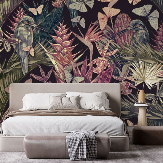 Panoramic Wallpaper - Wall Mural - Flowers Birds