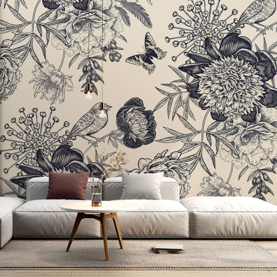 Panoramic Wallpaper - Wall Mural - Flowers Birds