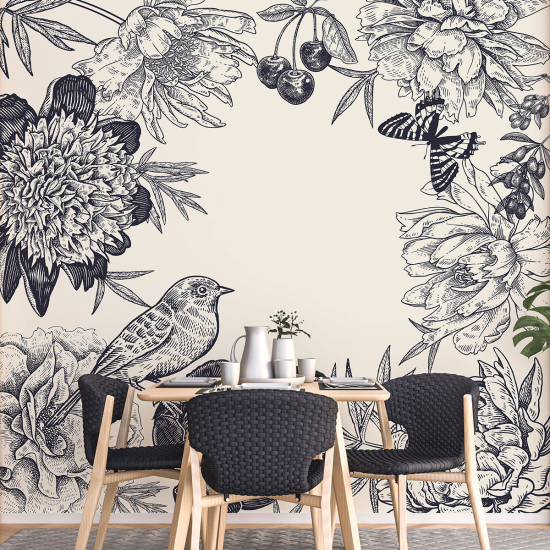 Panoramic Wallpaper - Wall Mural - Flowers Birds