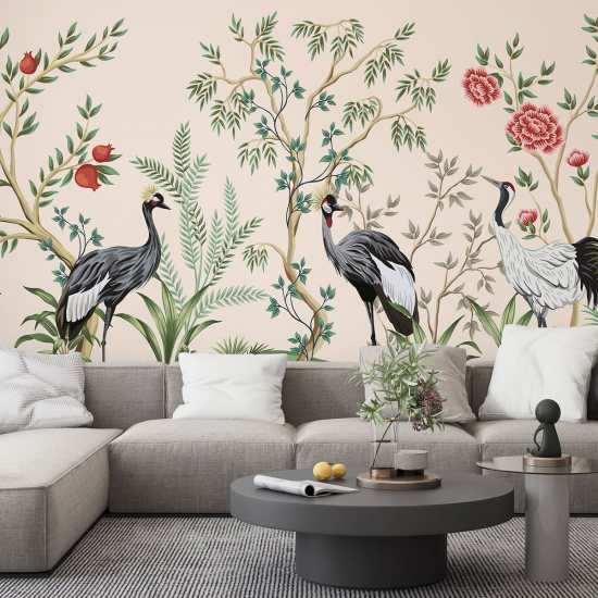 Panoramic Wallpaper - Wall Mural - Flowers Birds