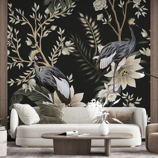 Panoramic Wallpaper - Wall Mural - Flowers Birds