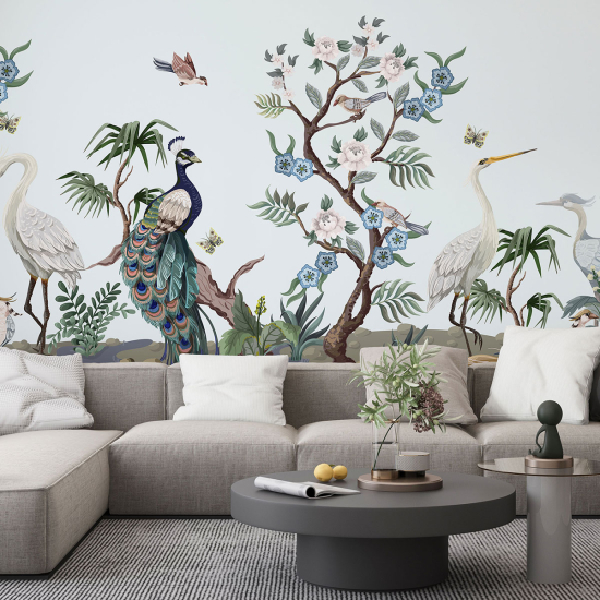 Panoramic Wallpaper - Wall Mural - Flowers Birds