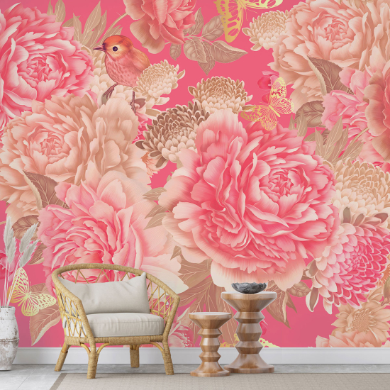 Panoramic Wallpaper - Wall Mural - Flowers Birds