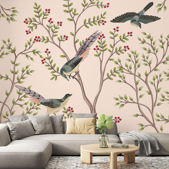 Panoramic Wallpaper - Wall Mural - Flowers Birds