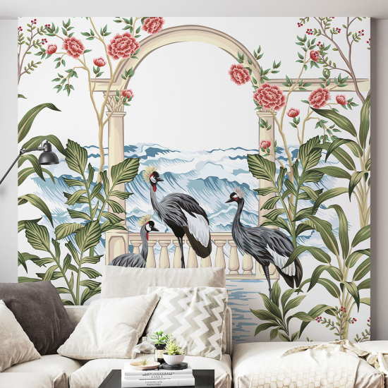 Panoramic Wallpaper - Wall Mural - Flowers Birds