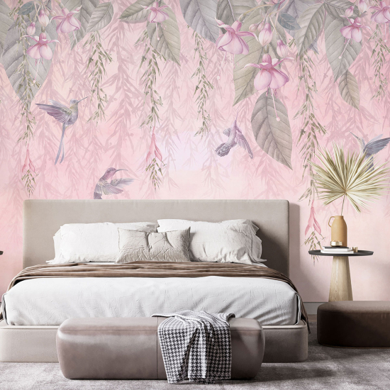 Panoramic Wallpaper - Wall Mural - Flowers Birds