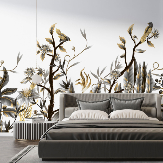 Panoramic Wallpaper - Wall Mural - Flowers Birds