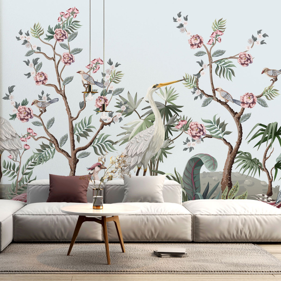 Panoramic Wallpaper - Wall Mural - Flowers Birds