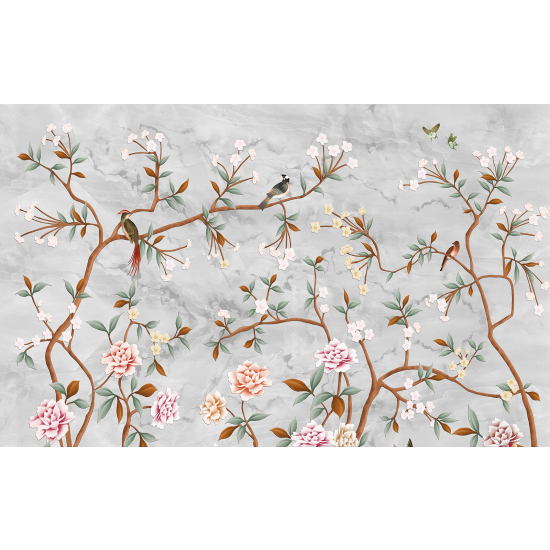 Panoramic Wallpaper - Wall Mural - Flowers Birds