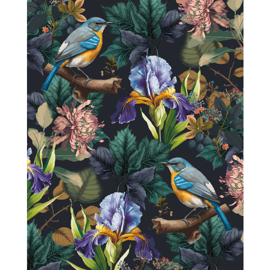 Panoramic Wallpaper - Wall Mural - Flowers Birds