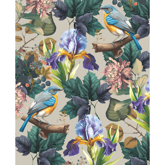 Panoramic Wallpaper - Wall Mural - Flowers Birds